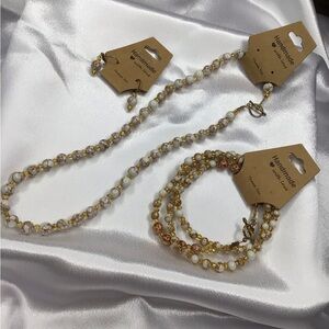 Handmade White and Gold Beaded Necklace, Earring, & Bracelet Set